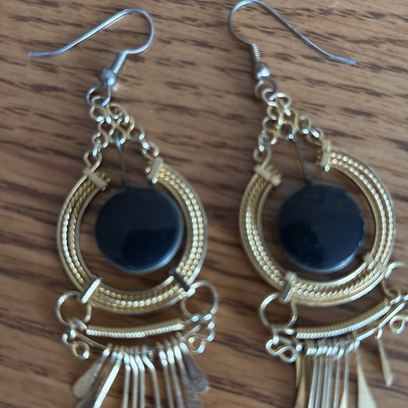 Elegant Gold and Black Dangle Earrings - Picture 2 of 3